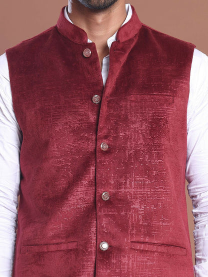 Men's Maroon Printed Woven Nehru Jacket