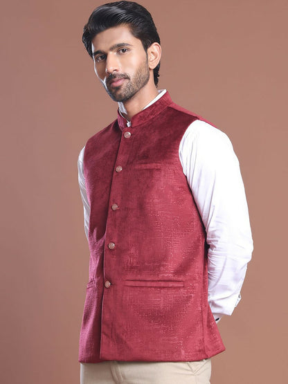 Men's Maroon Printed Woven Nehru Jacket