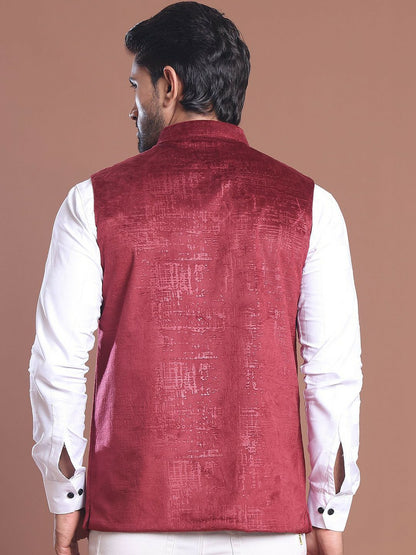 Men's Maroon Printed Woven Nehru Jacket