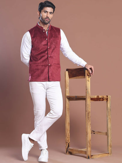 Men's Maroon Printed Woven Nehru Jacket