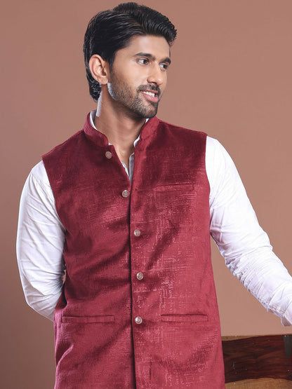 Men's Maroon Printed Woven Nehru Jacket