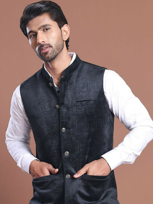 Men's Blue Printed Woven Nehru Jacket