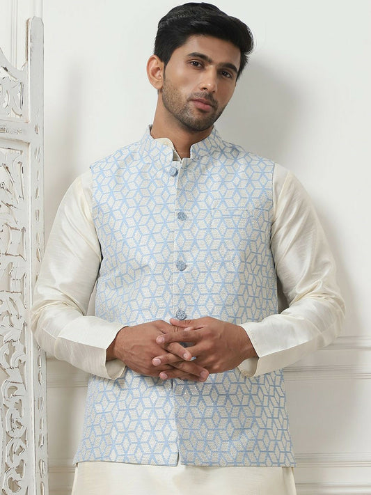 Men's Blue Printed Woven Nehru Jacket