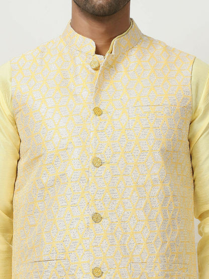 Men's Yellow Woven Nehru Jacket with Mandarin Collar & 3 Pockets