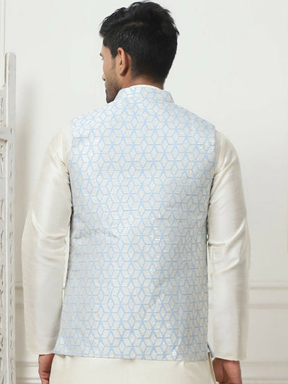 Men's Blue Printed Woven Nehru Jacket