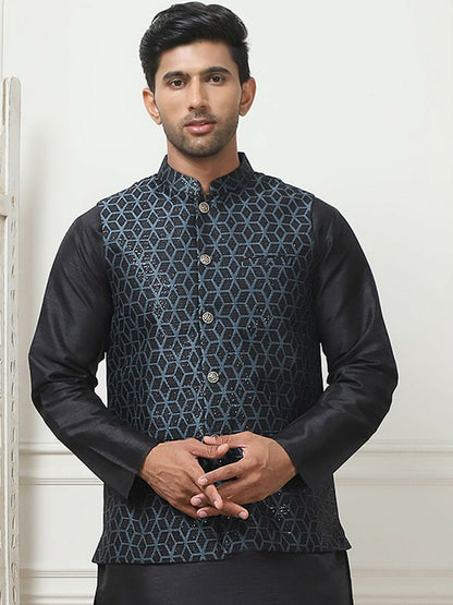 Men's Black Woven Design Nehru Jacket