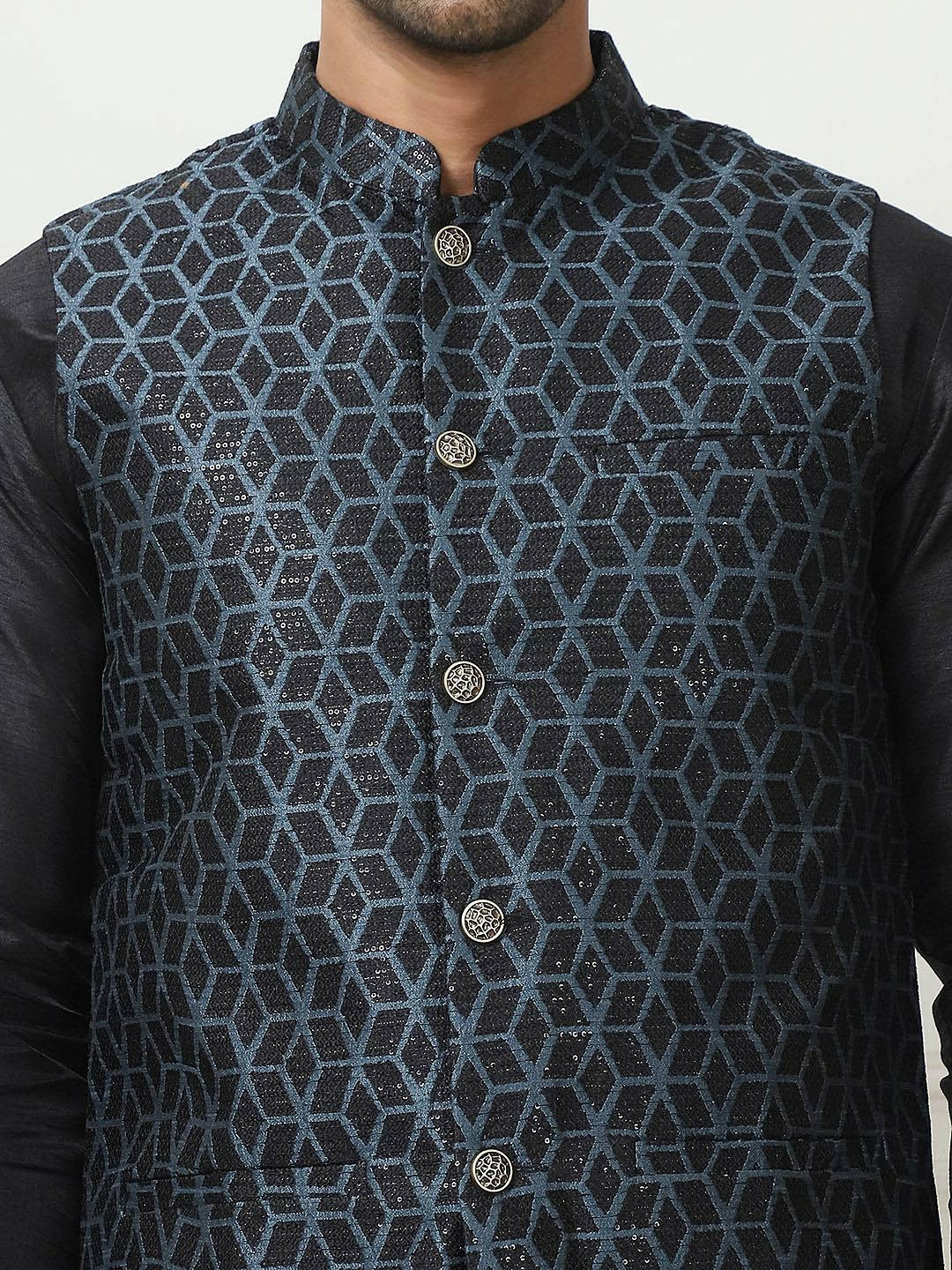 Men's Black Woven Design Nehru Jacket