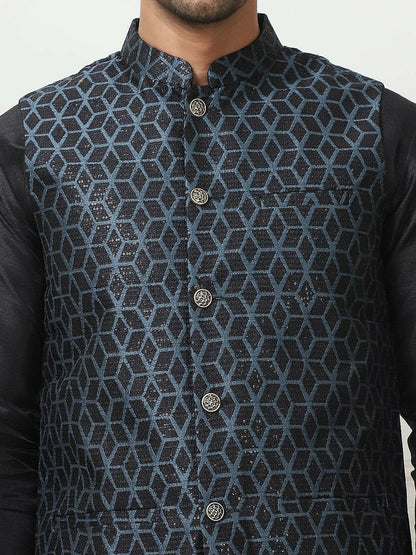 Men's Black Woven Design Nehru Jacket