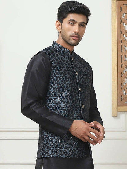 Men's Black Woven Design Nehru Jacket
