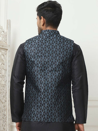 Men's Black Woven Design Nehru Jacket