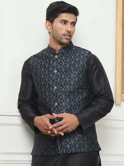 Men's Black Woven Design Nehru Jacket