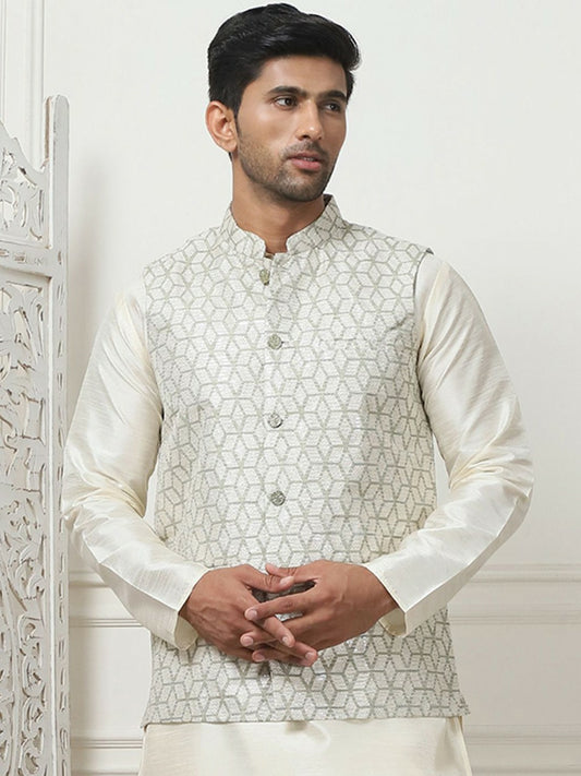 Men's Off-White Printed Woven Nehru Jacket
