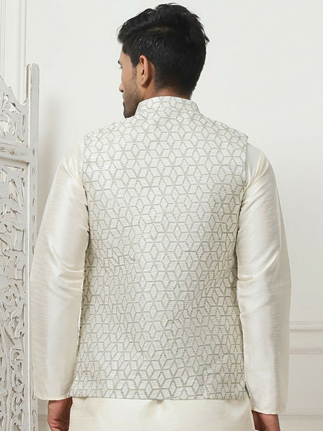 Men's Off-White Printed Woven Nehru Jacket