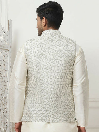 Men's Off-White Printed Woven Nehru Jacket