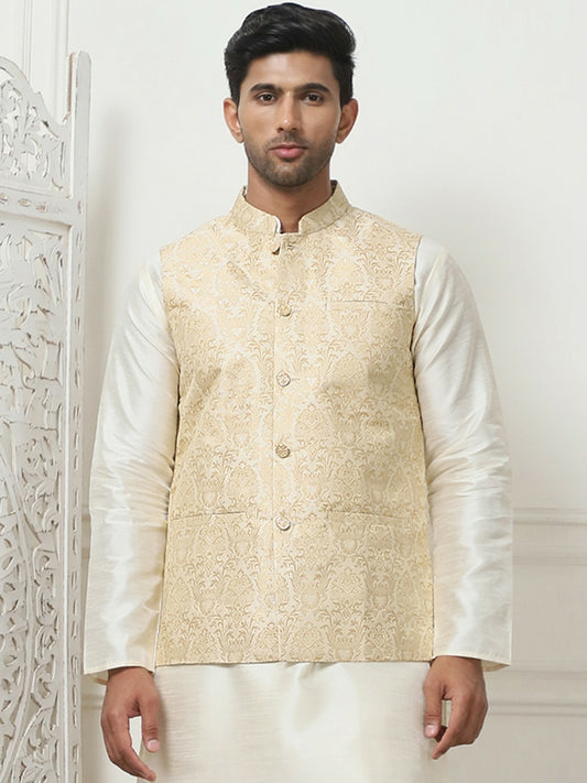 Men's Cream Woven Design Nehru Jacket