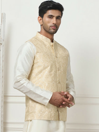 Men's Cream Woven Design Nehru Jacket