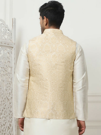 Men's Cream Woven Design Nehru Jacket
