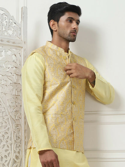 Men's Yellow Woven Design Nehru Jacket