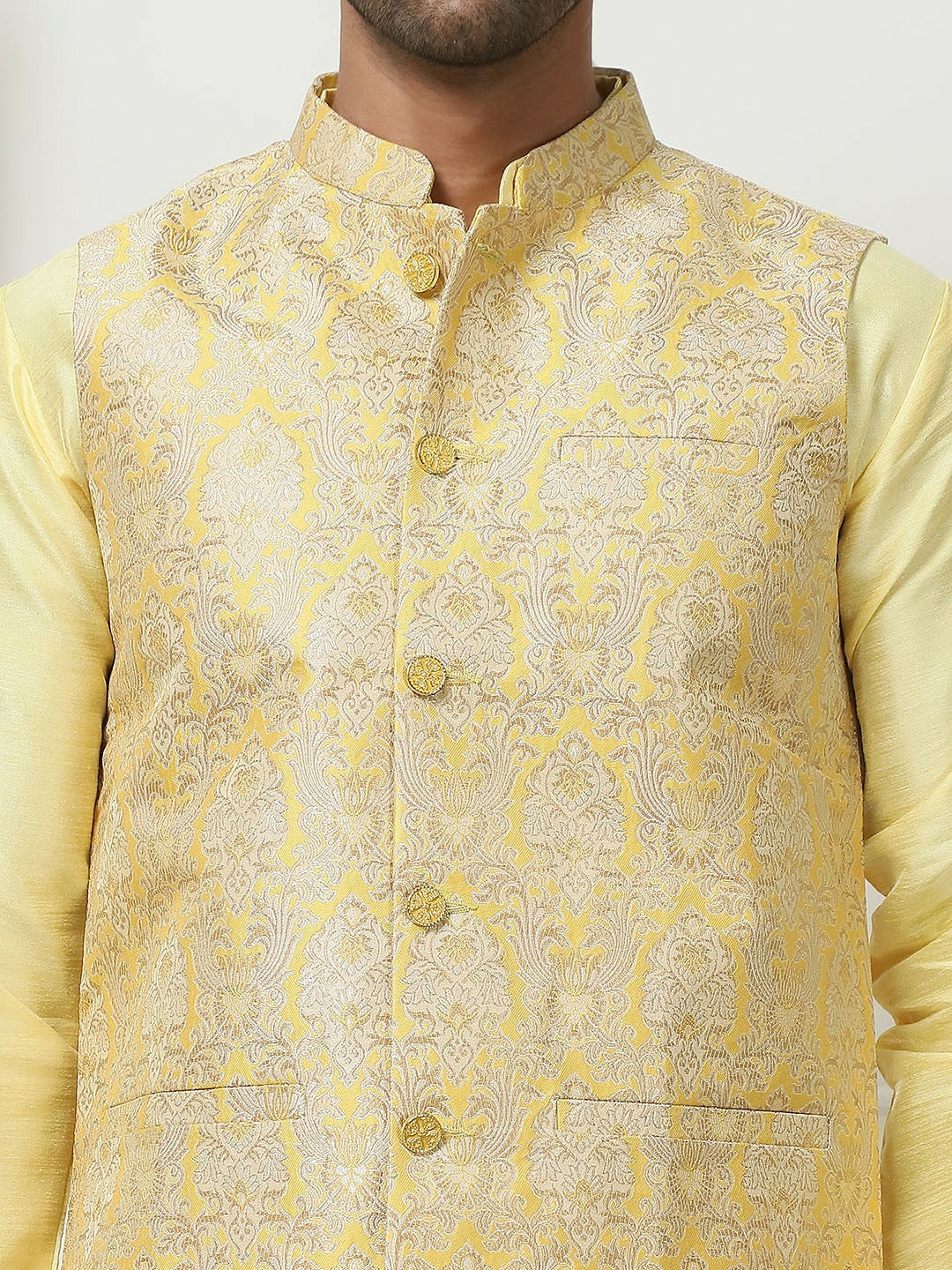 Men's Yellow Woven Design Nehru Jacket