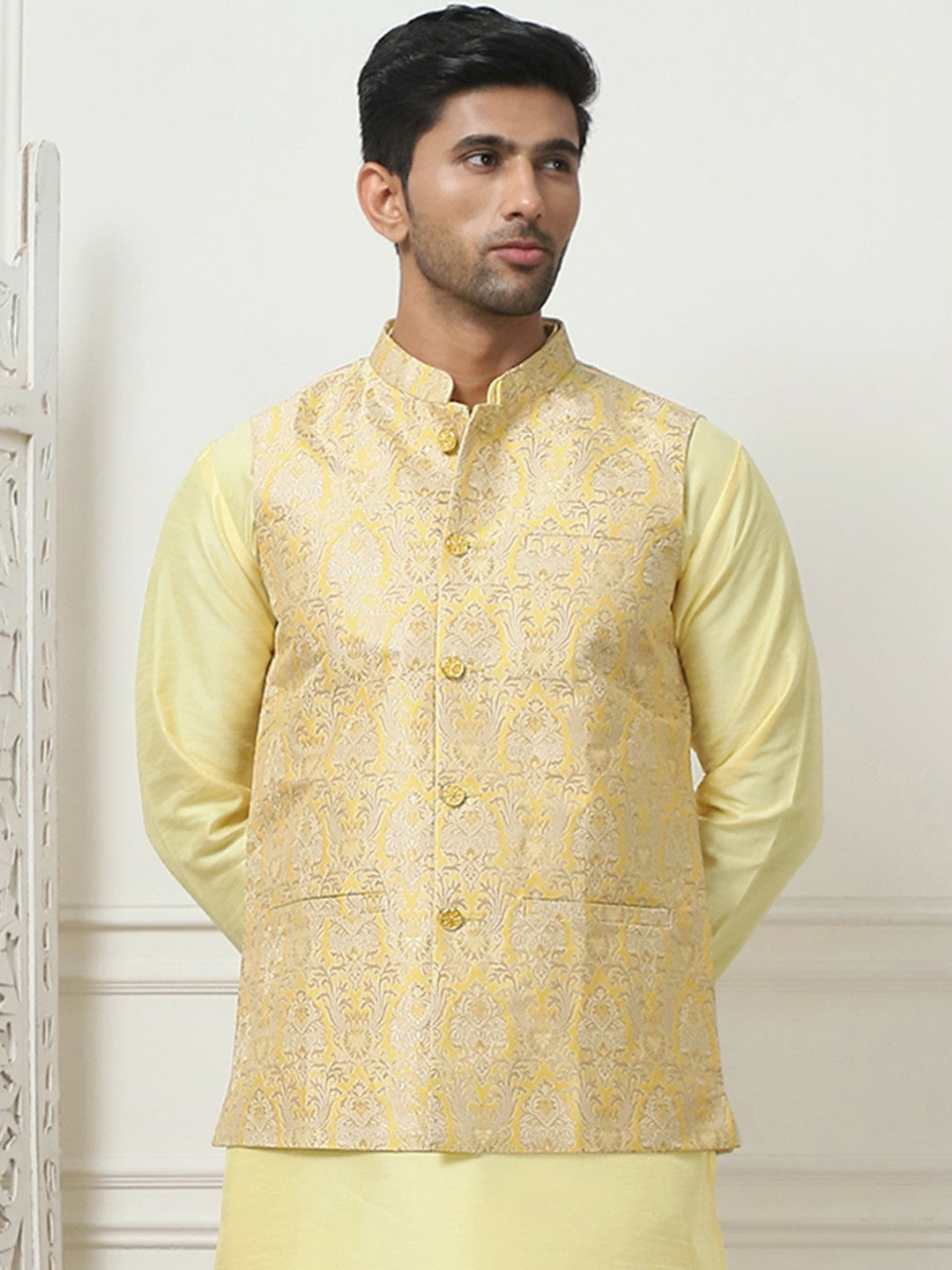 Men's Yellow Woven Design Nehru Jacket
