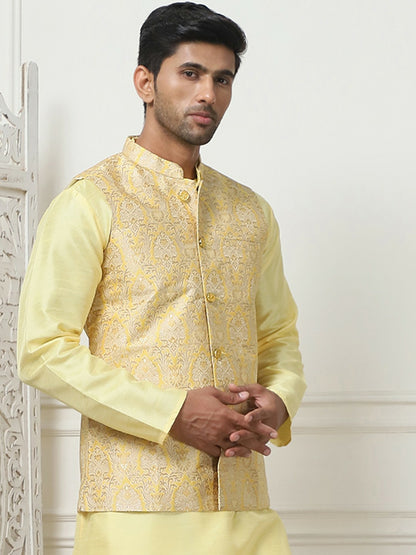 Men's Yellow Woven Design Nehru Jacket