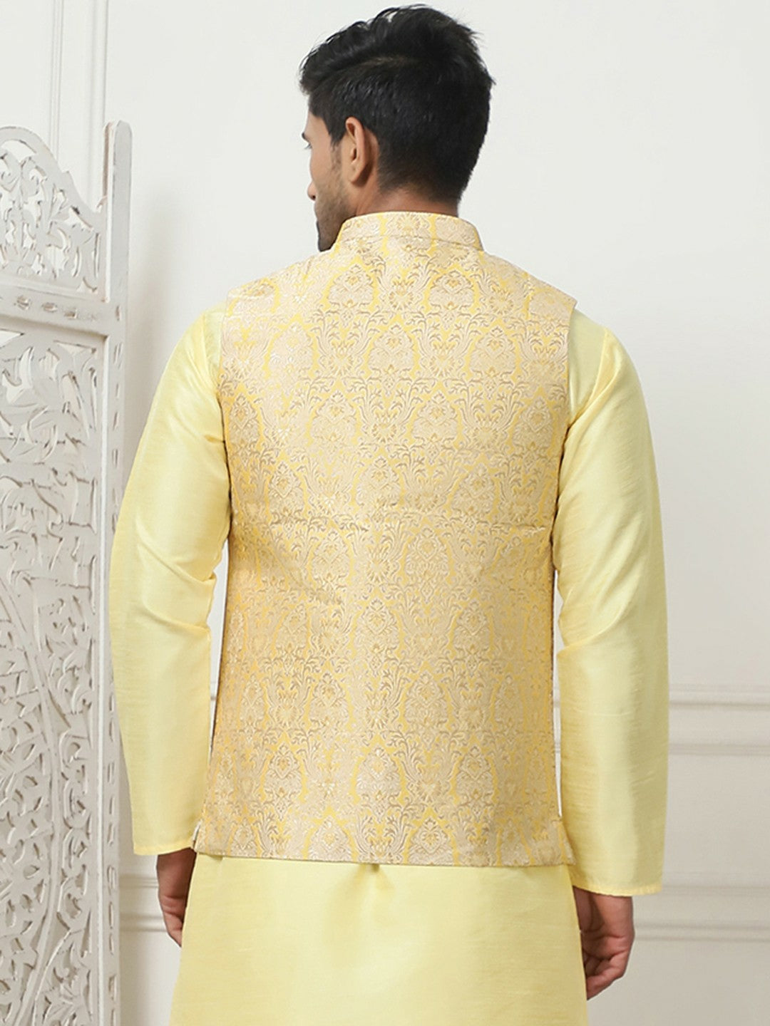 Men's Yellow Woven Design Nehru Jacket