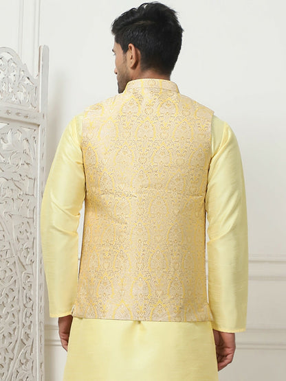 Men's Yellow Woven Design Nehru Jacket