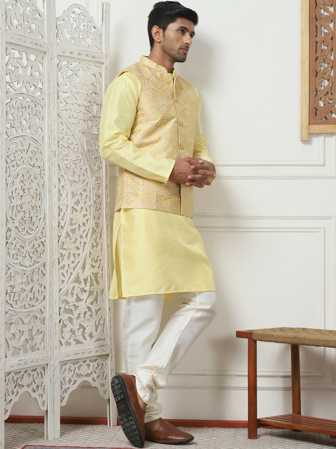 Men's Yellow Woven Design Nehru Jacket
