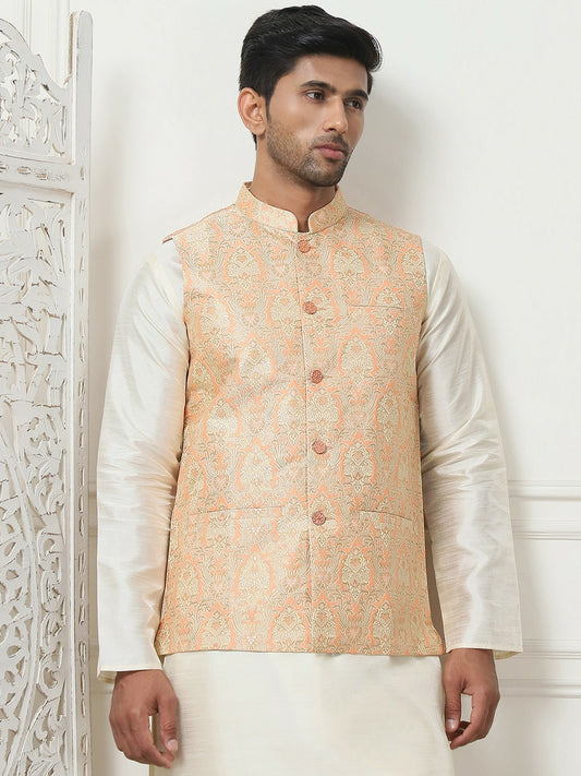 Men's Peach Woven Design Nehru Jacket