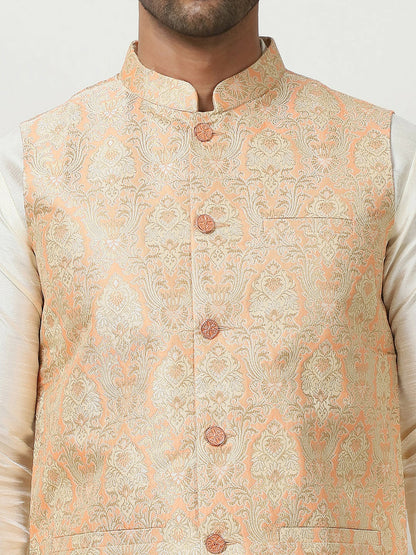 Men's Peach Woven Design Nehru Jacket