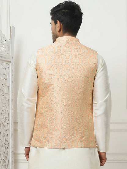 Men's Peach Woven Design Nehru Jacket