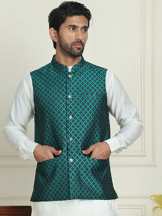 Men's Teal Green & Black Woven Nehru Jacket with Mandarin Collar