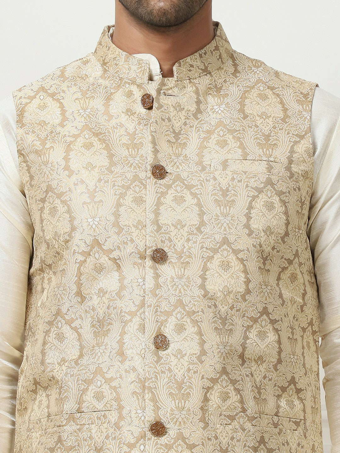Men's Gold Printed Woven Nehru Jacket