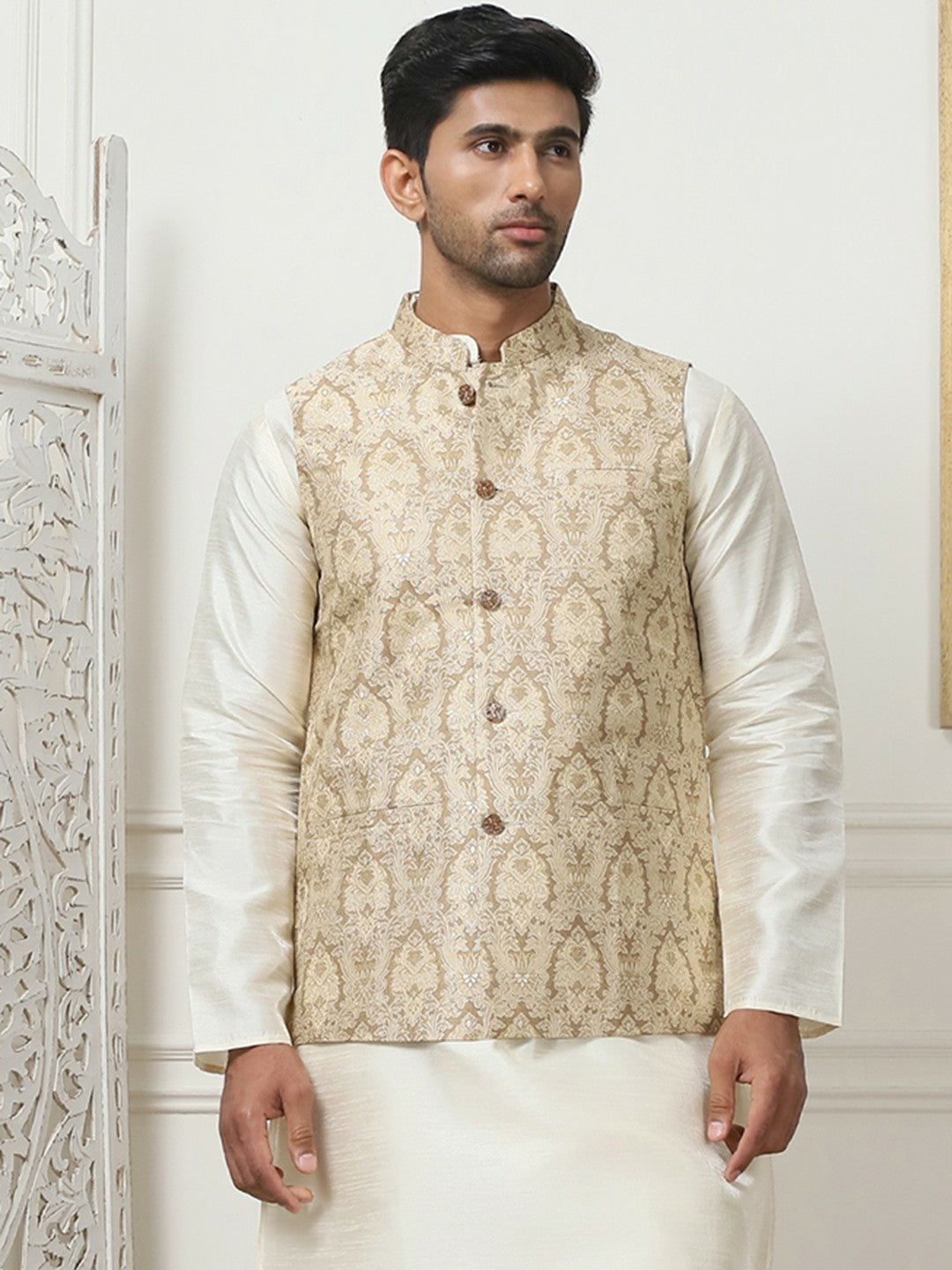 Men's Gold Printed Woven Nehru Jacket