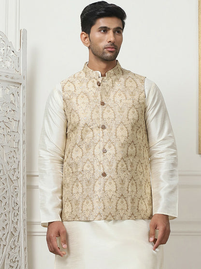 Men's Gold Printed Woven Nehru Jacket