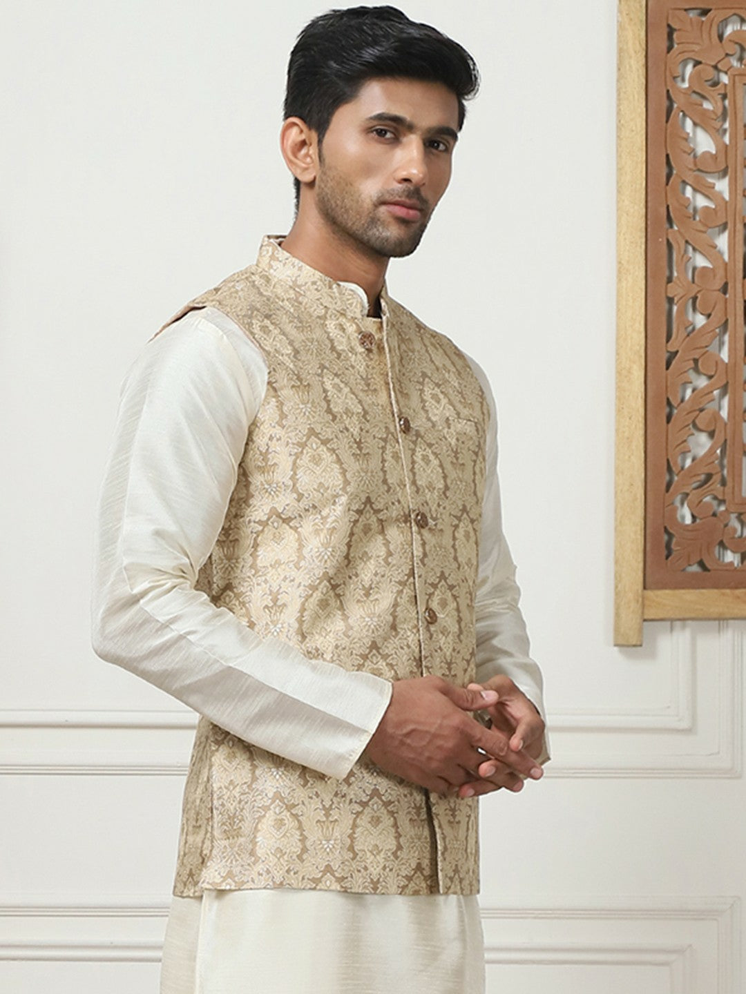 Men's Gold Printed Woven Nehru Jacket