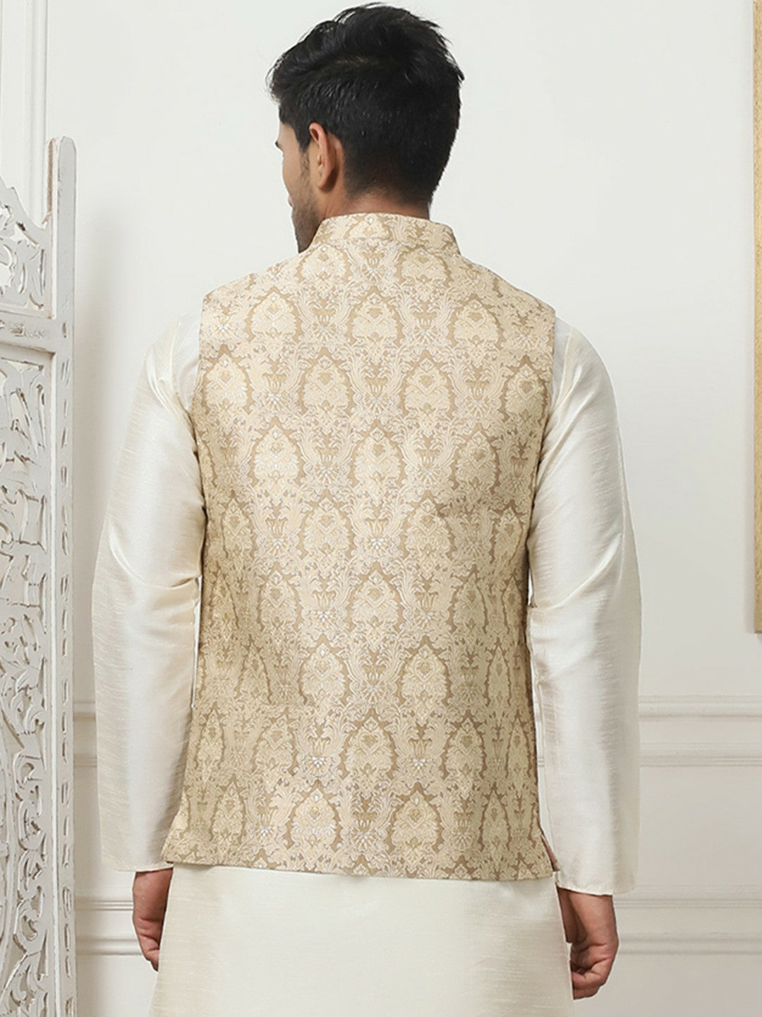 Men's Gold Printed Woven Nehru Jacket