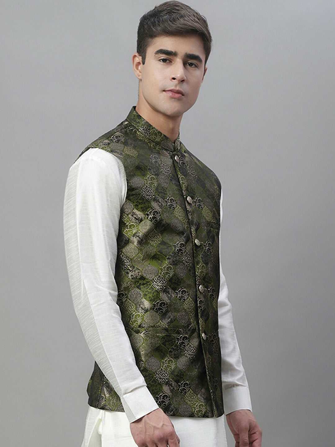 Men's Olive Green Woven Design Nehru Jacket