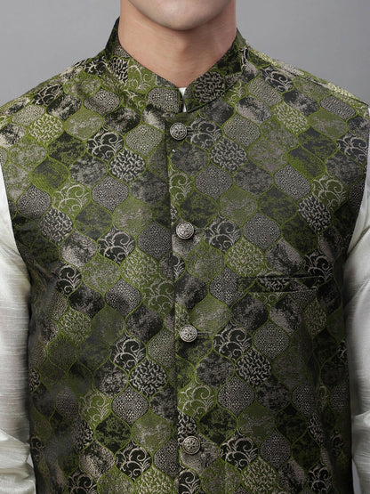 Men's Olive Green Woven Design Nehru Jacket