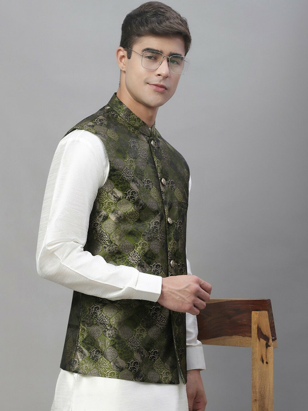 Men's Olive Green Woven Design Nehru Jacket