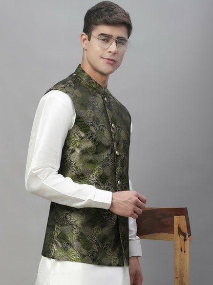 Men's Olive Green Woven Design Nehru Jacket