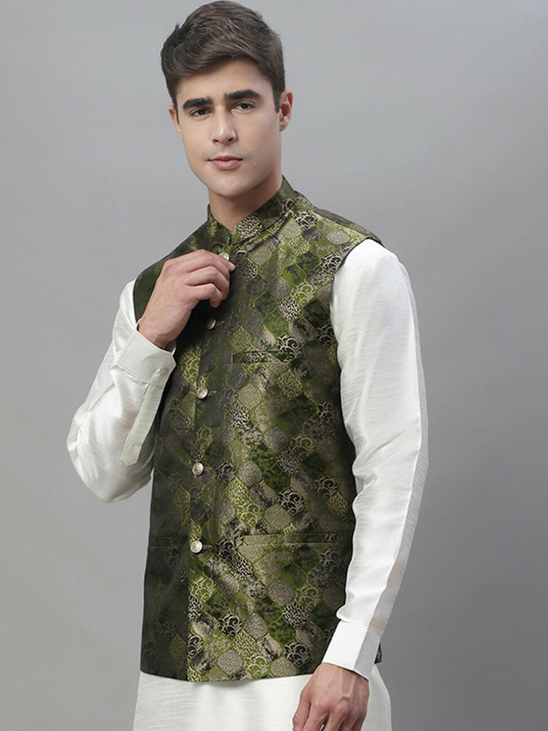Men's Olive Green Woven Design Nehru Jacket
