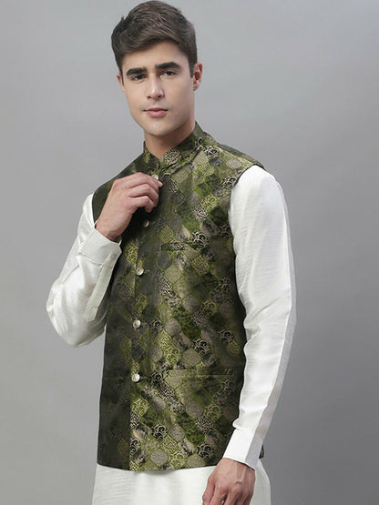 Men's Olive Green Woven Design Nehru Jacket