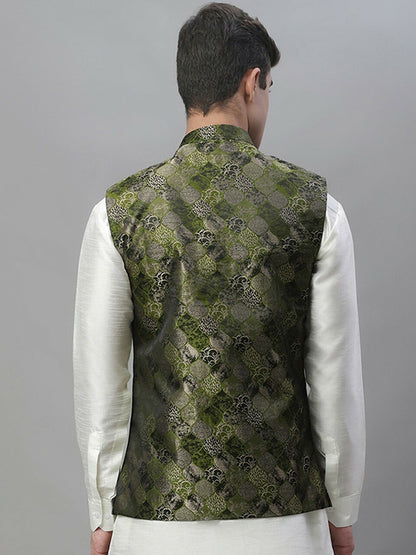 Men's Olive Green Woven Design Nehru Jacket
