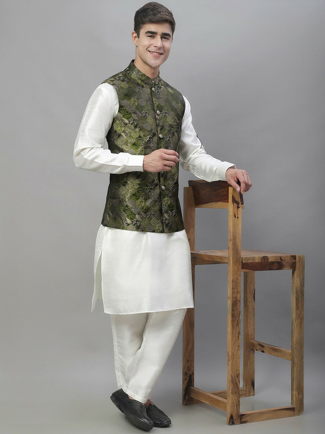 Men's Olive Green Woven Design Nehru Jacket