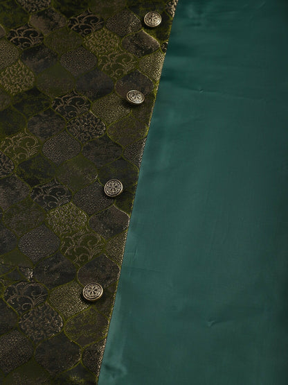 Men's Olive Green Woven Design Nehru Jacket