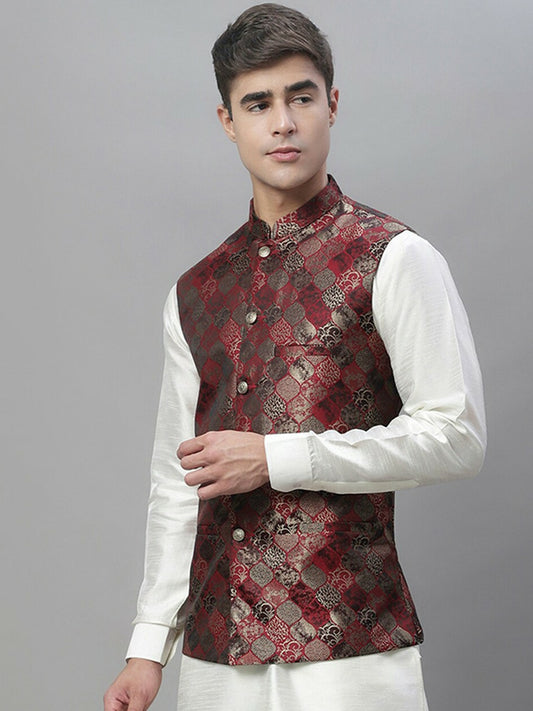 Men's Maroon Woven Design Nehru Jacket