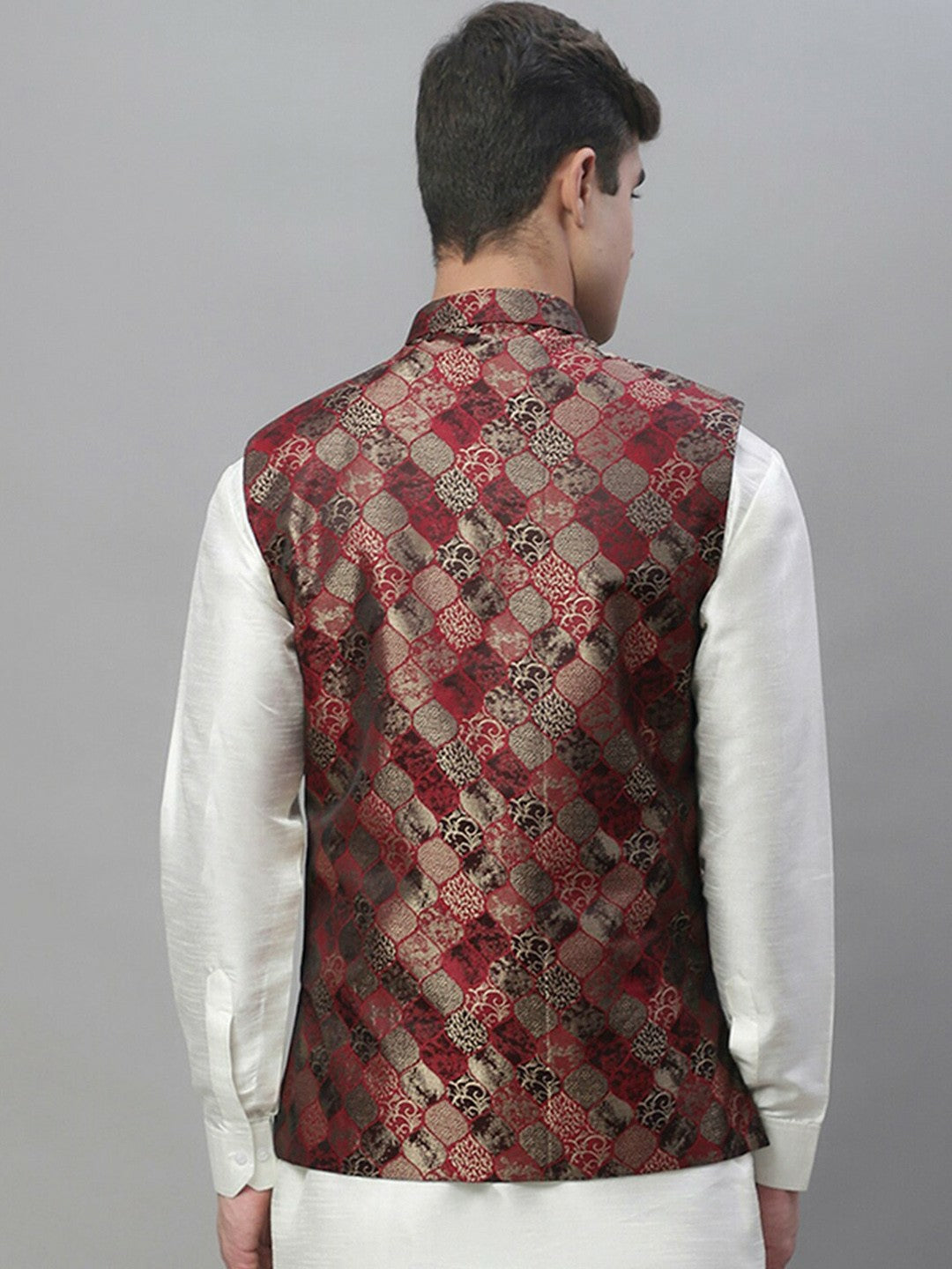 Men's Maroon Woven Design Nehru Jacket