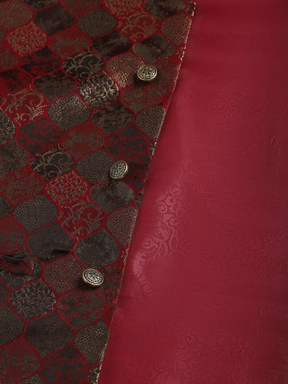 Men's Maroon Woven Design Nehru Jacket