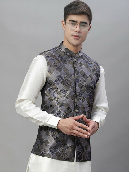 Men's Grey Woven Design Nehru Jacket
